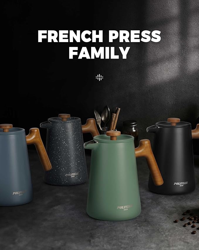 POLIVIAR French Press Coffee Maker 34 oz Coffee Press with Real Wood Handle Double Wall Insulation &amp Dual-Filter Screen Food Grade Stainless Steel for Good Coffe and Tea JX2025-XFPU