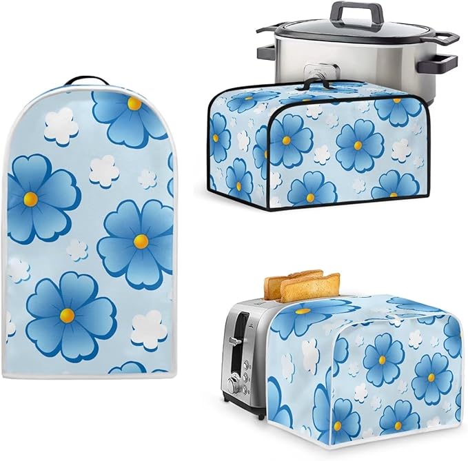 Blue Floral 4 Slice Toaster Cover Small Appliance Cover 3-Pcs SetBread Toaster  Blender and Slow Cooker Dust and Fingerprint Protection Machine Washable Kitchen Decor (Blue)
