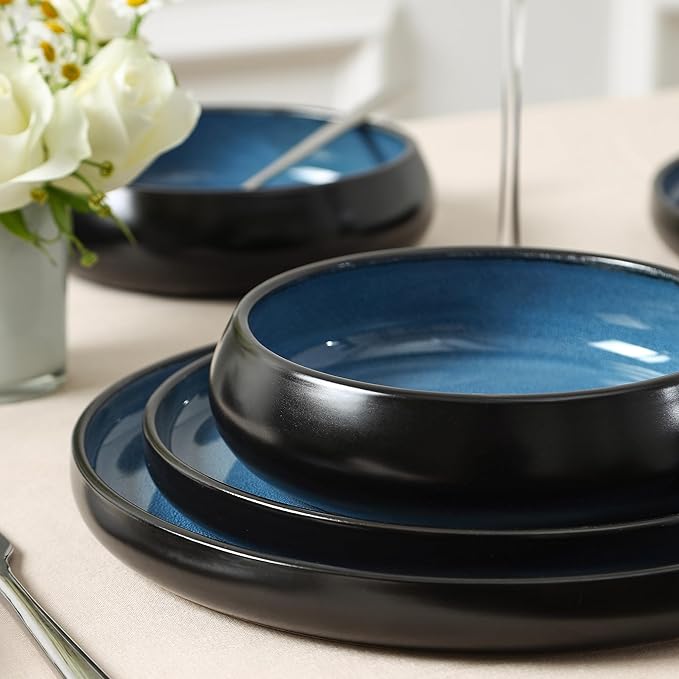Stone Lain Lagoon 12-Piece Dinnerware Set Stoneware Plates and Bowls set Microwave and Dishwasher Safe Dish Set for 4 Blue