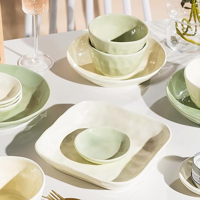 43/57 Pieces Bowls and Plates Set Cream Style Dinner Set Stackable Dishes Sets Dishwasher Safe Dinnerware Sets Easy to Heat Microwave and Oven Safe Two Colors Mix and Match Service for 8/10 Peoples(43