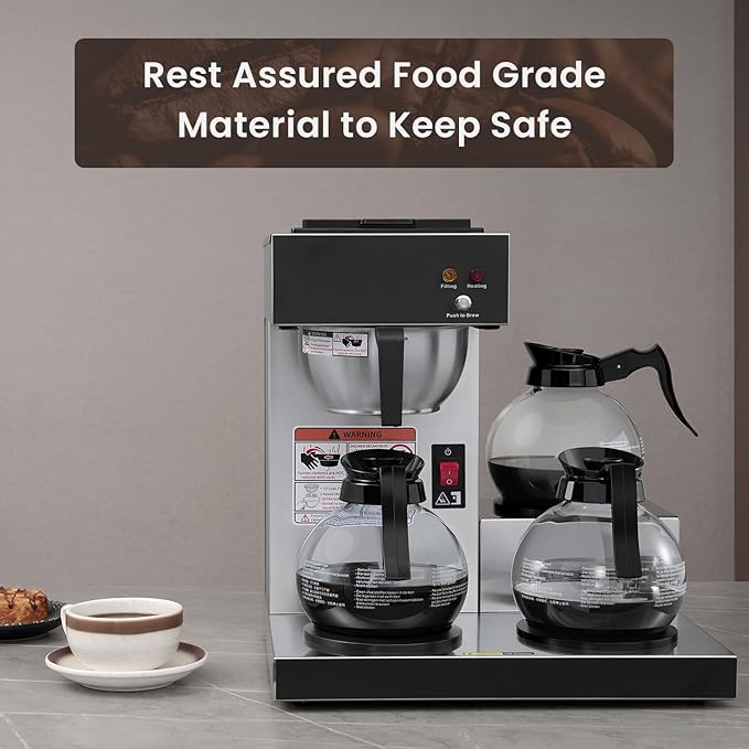 SYBO 12-Cup Commercial Coffee Maker Pour Over Drip Coffee Maker Brewer with 3 Lower Warmers and 3 Glass Decanters Stainless Steel Cafetera