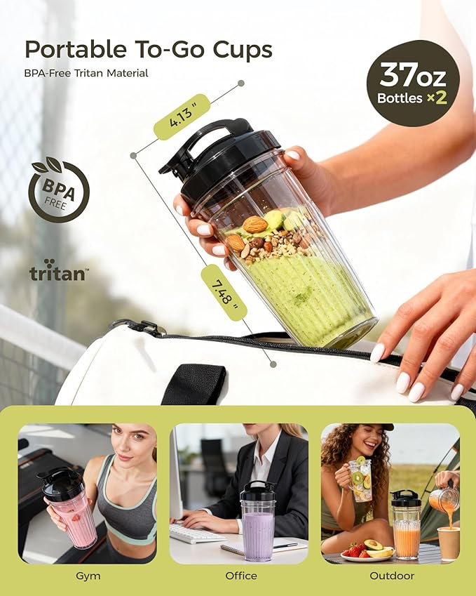 iCucina Smoothie Blender 1000W Personal Blender for Shakes and Smoothies with 2 x 37oz Protable Cups and Lids Single Serve Blenders for Ice Crushing Bean Grinding Frozen Fruit Drinks Black