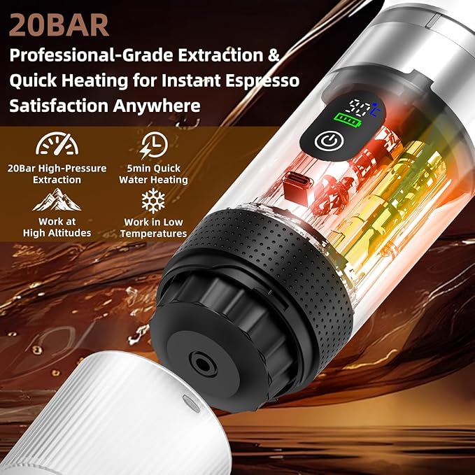 Portable Coffee Maker for Travel &amp Camping Portable Espresso Maker with Bag Rechargeable Cordless Battery Operated Coffee Makers for Ground Coffee NS Capsule RV Hiking Office(White)