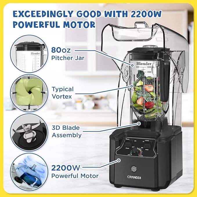 CRANDDI Quiet Commercial Blender with Soundproof Shield 2200 Watt Professional Blenders for Kitchen with 80oz Pitcher and Self-Cleaning High-Speed Blenders K90 Grey