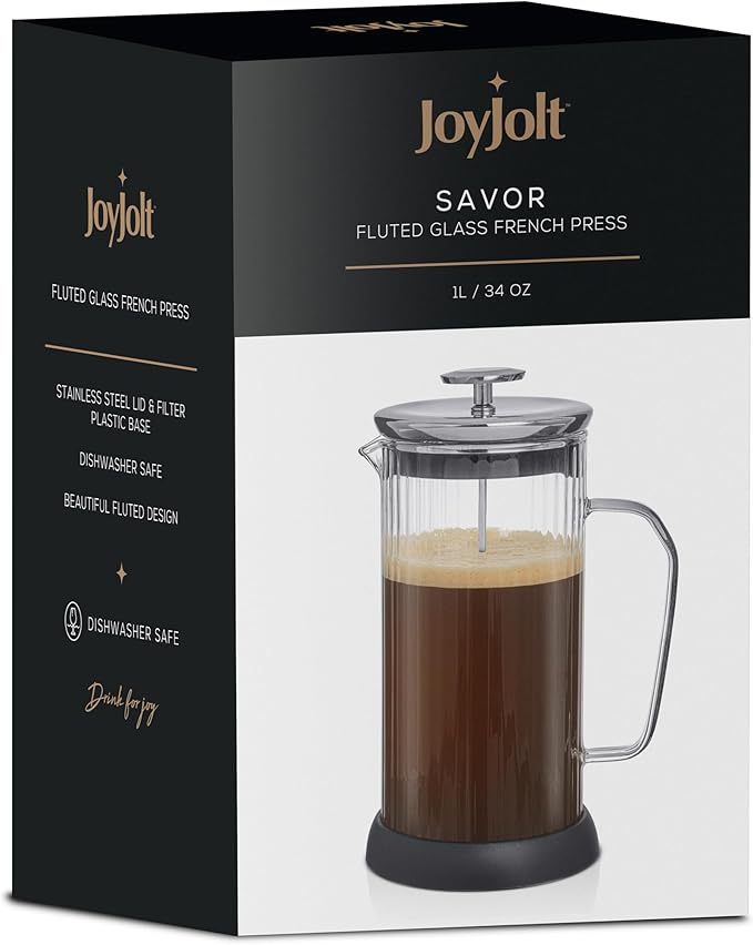 JoyJolt Fluted French Press Coffee and Tea Maker Set 33.8oz Stainless Steel Press Borosilicate Glass Coffee Press Cold Brew Portable French Press Tea Press Large clear