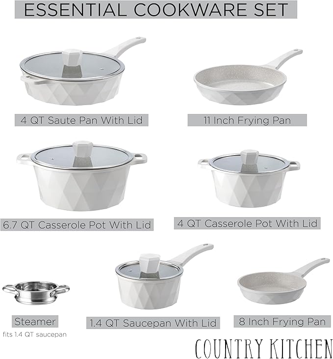 Country Kitchen Non-Stick Cast Aluminum Cookware Set - Durable Kitchen Cookware for Everyday Cooking Cream Diamond 11 Pc.