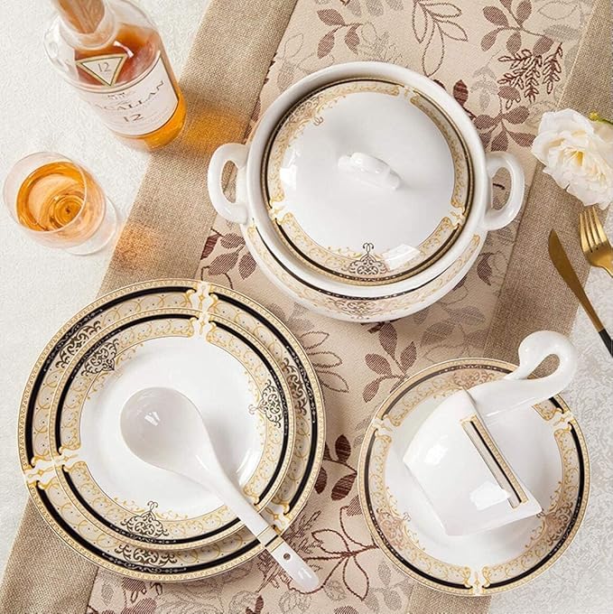 60-Piece Bone China Dinnerware Set - European-Style Elegant Plate &amp Bowl Set Service for 8-10
