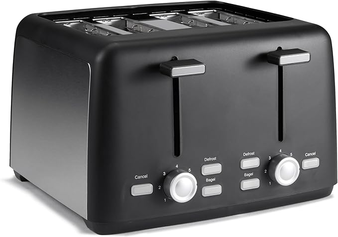 Amazon Basics 4 Slice Toaster 7 Browning Settings Extra Wide Slots for Bagels and Specialty Breads Removable Crumb Tray Cancel/Defrost/Bagel Buttons 1500W Black &amp Silver