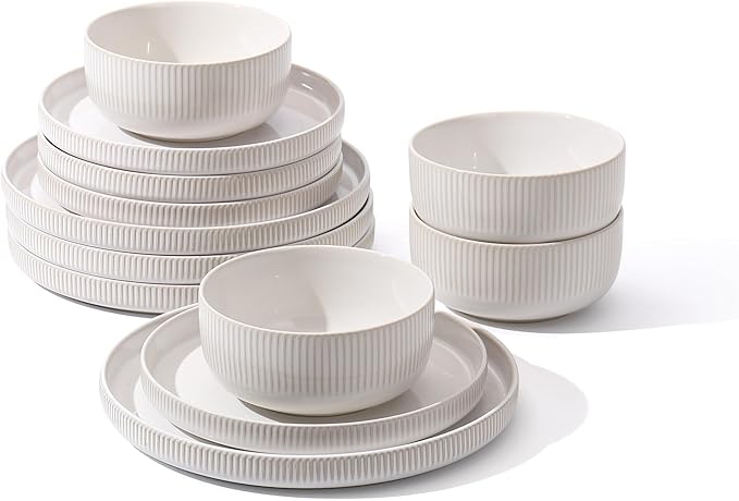 Dinnerware Sets 12 Pieces Stoneware Plates and Bowls Set Reactive Glaze Ceramic Dishes Set Scratch Resistant Kitchen Dinner Set Dishwasher &amp Microwave Safe Service for 4