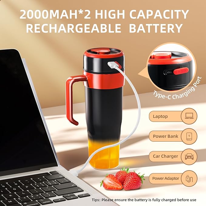 Personal Blender for Shakes and Smoothies with 6 Blades 21oz(600ml) Personal Size Juicer USB-C Rechargeable with Straw Brush&ampLid for Home Gym Travel Kitchen (Black)