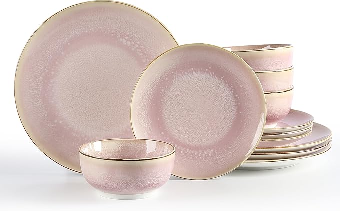 Sweejar Dinnerware Sets Service for 4 12 pcs Porcelain Plates and Bowls for Kitchen Housewaring Gift Chip and Scratch Resistant Dish Set Handmade Dishwasher and Microwave Safe Plate Set Pink