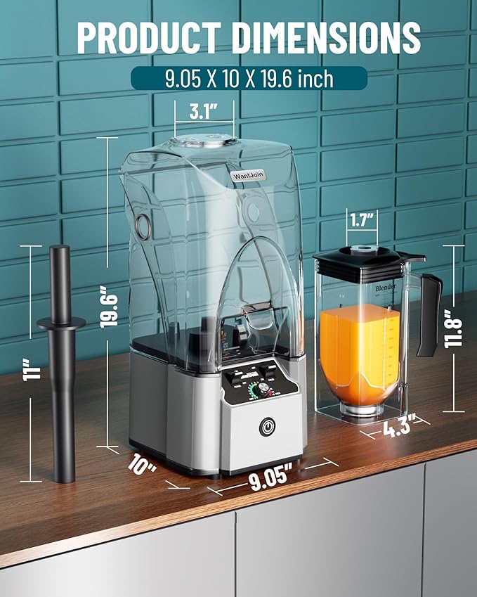 WantJoin Commercial Professional Blender With Shield Quiet Sound Enclosure 2200W Industries Strong and Quiet Professional-Grade Power Self-Cleaning Silver