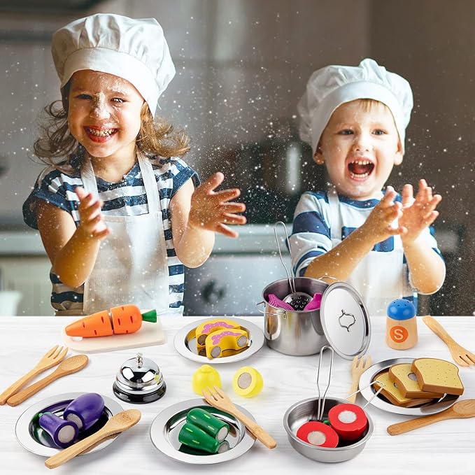 Juboury Pretend Play Kitchen Set - Toy Kitchen Accessories with Stainless Steel Cookware Pots and Pans Plates Cooking Utensils Kids Chef Coat &amp Hat Wooden Play Food for Kids Girls Boys Todd