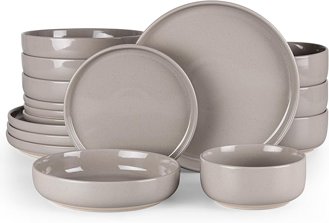 HaWare 16-Piece Plates and Bowls Set for 4 Stoneware Dinnerware Sets with Pasta Bowl Dishes Set for Home Restaurant Speckled Cream Coffee