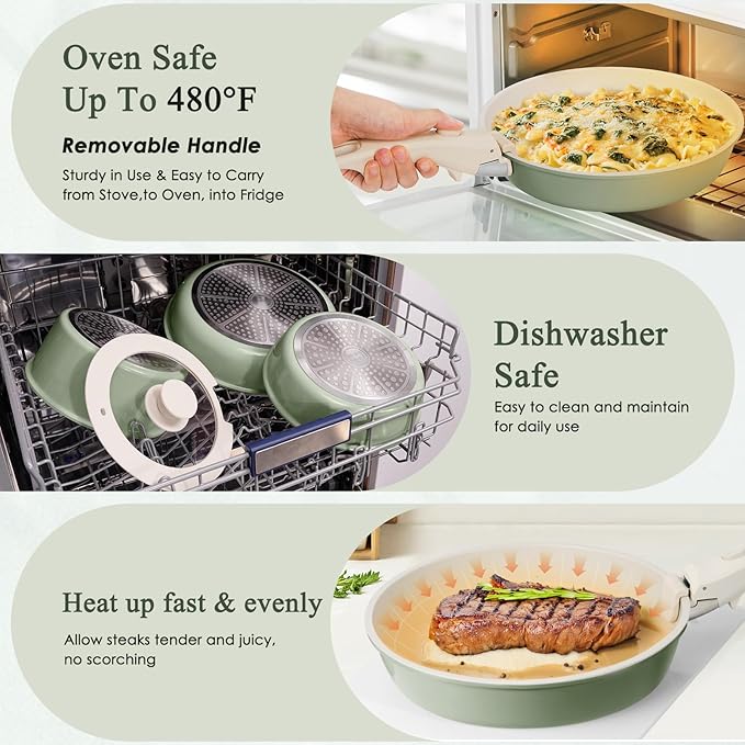 KIKCOIN Pots and Pans Set Nonstick Ceramic Cookware Set Detachable Handle Induction Kitchen Cookware Set with Removable Handle Healthy Non Stick RV Cookware Dishwasher ＆ Oven Safe PFOA Free