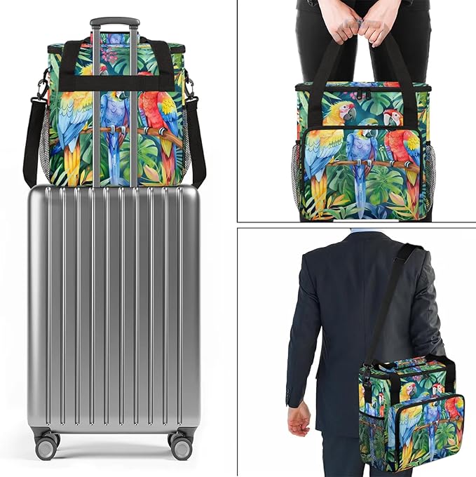 Parrot Tropical Palm Leaves Travel Coffee Maker Carrying Bag Large Organizer Storage Tote Bag Insulated Reusable Cooler Grocery Bags