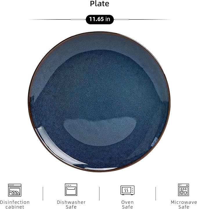 Organic Shape Highland Ceramic Dinner Plates 6pcs 11.65 Inch Handmade Reactive Glaze Dinnerware Sets with Wavy Edge for Kitchen Microwave &amp Dishwasher Safe Scratch Resistant-Blue