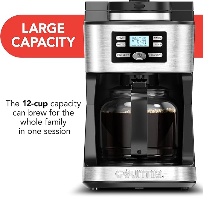 Gourmia Digital Coffee Machine 12Cup FullyAutomatic Large coffee maker integrated CoffeeGrinderPotstainless steel mesh coffee filter 4Hr KeepWarm and Freshness Indicator GCM3180Black and Silver