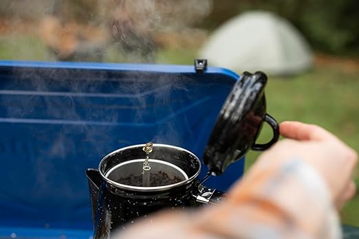 Stansport Enamel 8-Cup Percolator Coffee Pot and 4-Mug Set - Heavy-Duty Campfire Coffee Maker with 12oz Mugs - Percolator Stem Included - Double Baked Enamelware for Camping Hiking RV &amp Cabin