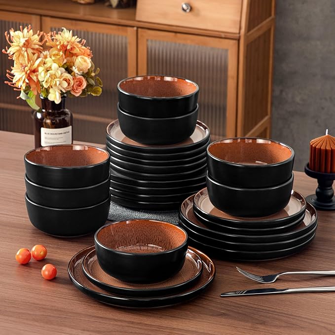 vancasso Plates and Bowls Sets 24 Pieces Stoneware Dinnerware Sets for 8 Kitchen Dish Set Mircowave and Dishwasher Safe Ceramic Dishware Dark Brown Series AMBER