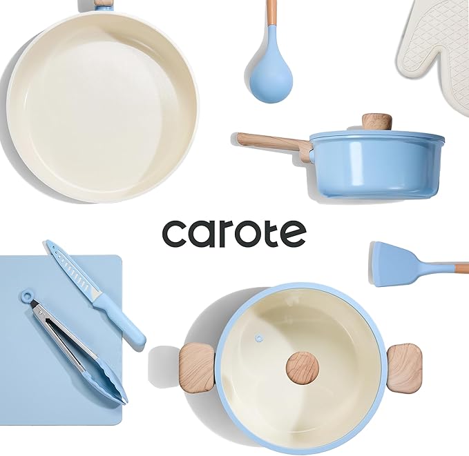 CAROTE 24pcs Ceramic Cookware Set Pots and Pans Non Stick Kitchen Cookware Sets Pots and Pans Set Cooking Set with Knife Set