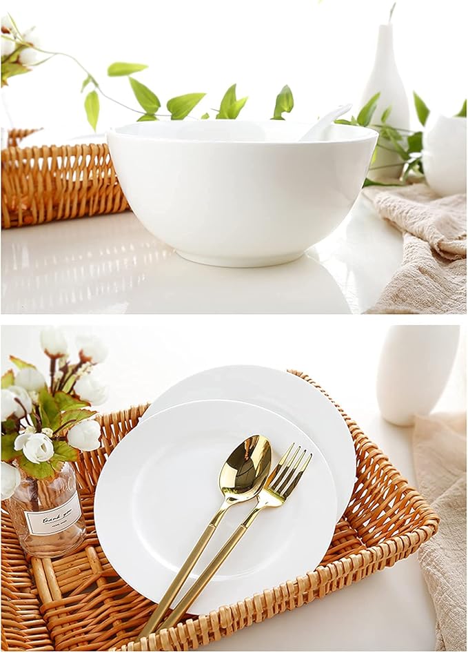Bone China Dinnerware Set White Porcelain Round Dinner Dining Tableware Combi-Set with Cereal Noodle Bowl Dessert Soup Fish Plates Microwave and Oven Safe