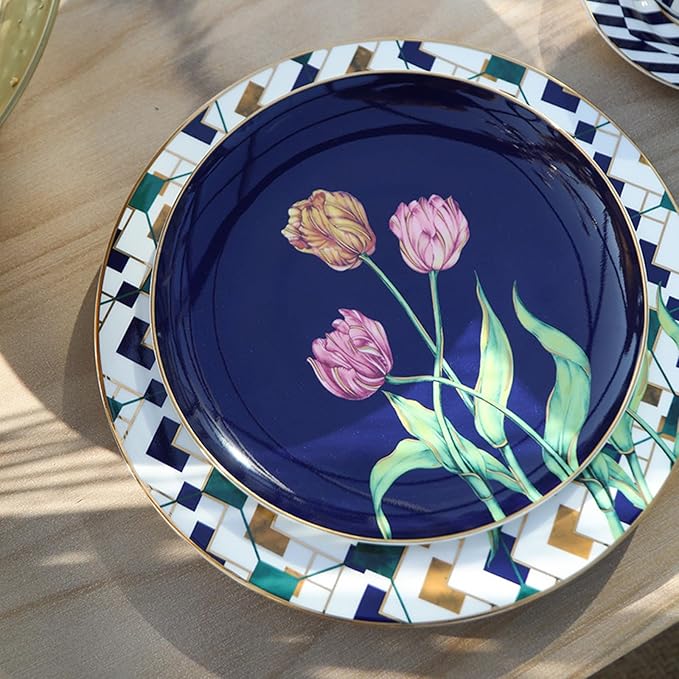 European Style Dinnerware Set Service for 6 Bone China Dinnerware Sets Unbreakable Porcelain Dinner Sets Coffee Cup and Saucer Tableware Set Steak Dinner Plates Dish Set tulip
