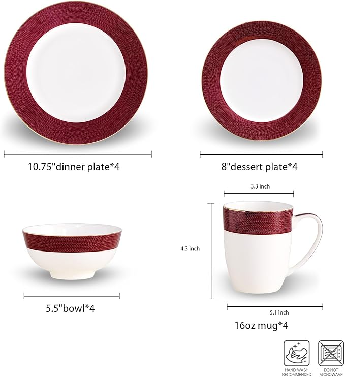 16-Piece Fine Bone China Dinnerware Set Dinner PlatesBowls and Mugs Set Dishware Set for 4 With Selected Christmas Premium Red and Green pattern White Embossed Spot Ornament and Gold Rim