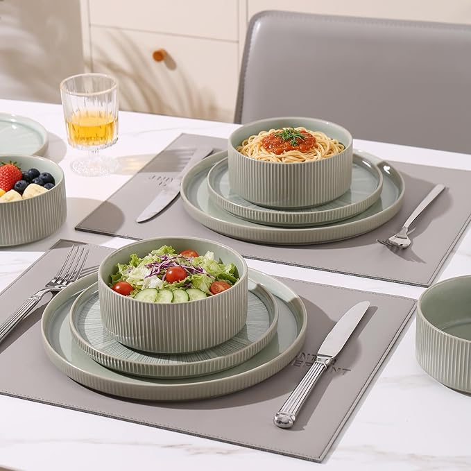 Dinnerware Sets for 4 Ceramic Plates and Bowls Set 12 Piece Dinnerware Chip Resistant Stoneware Dishwasher and Microwave Safe-Green