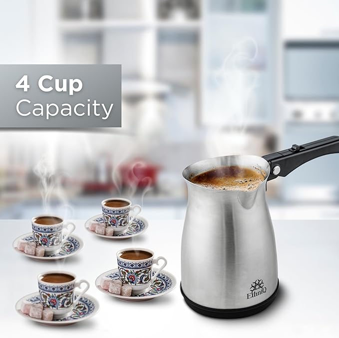 ETHNIQ Turkish Coffee Pot - Stainless Steel 120V 1 to 4 Cup Capacity Coffee Maker with Foldable Handle for Home &amp Travel &amp on-off Button (Slow Brew)