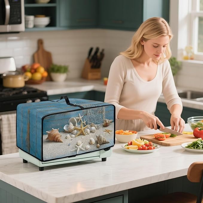 Toaster Oven Dust Cover Starfish Shell Wood Print Bread Maker Cover Machine Washable Kitchen Small Appliance Protector with Side Pockets Kitchen Decorations M