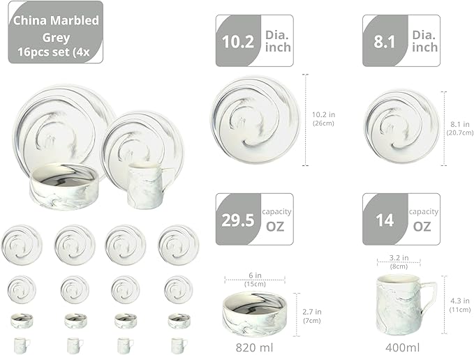 16 Piece Plates and Bowls Sets Fine China Artisan Marbled Dinner Set for 4 Dishwasher Safe Dinnerware Set Scratch Resistant Grey