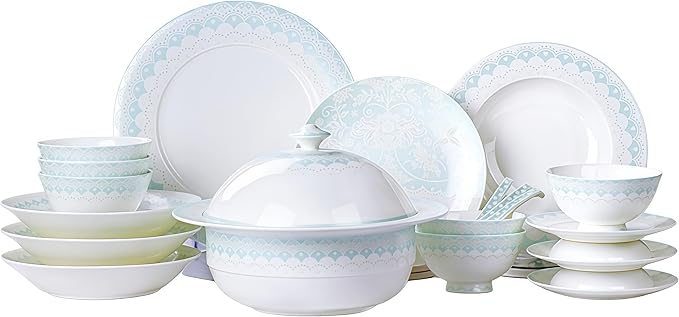Fine Bone China Dinnerware SetPorcelain&ampCeramic Dinnerware SetsBone Stoneware &amp Ceramic Cookware Tableware Set Includes Dinner Plates|Spoons|Pasta Bowls|Soup Pot|Chopsticks (50PCS * 8-Person