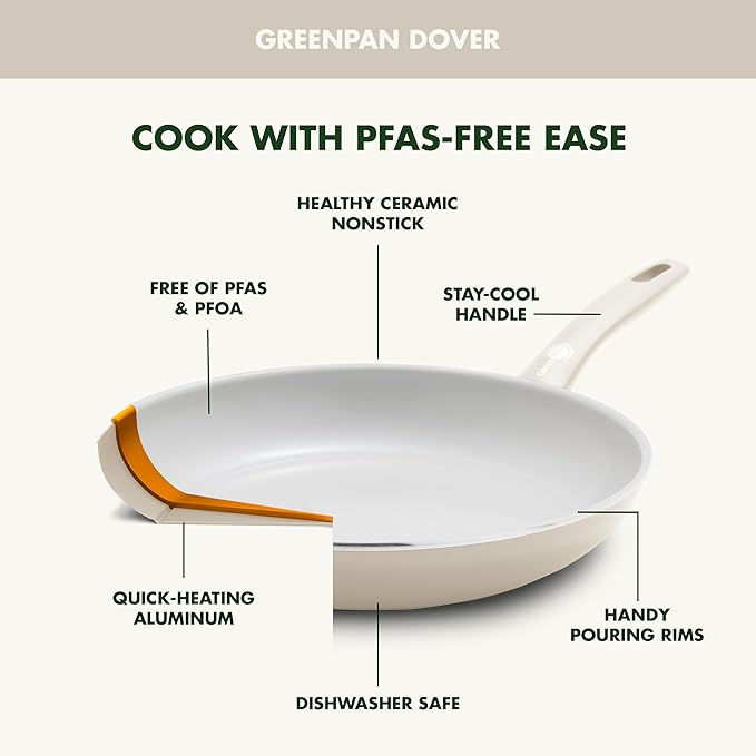 GreenPan Dover Healthy Ceramic Nonstick 12 Piece Cookware Pots and Pans Set PFAS-Free Dishwasher Safe Comfort Grip Handle Cream White