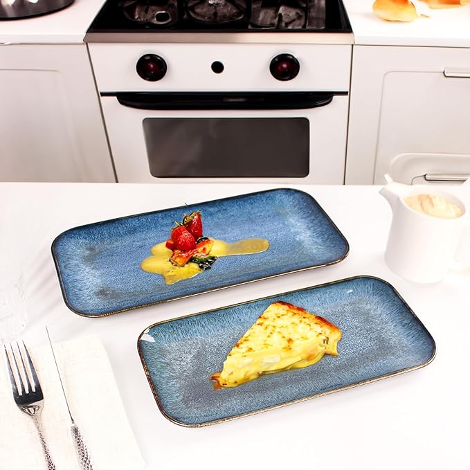 Porcelain Dinner Plates Blue 2 PCS Serving platters for entertaining for Fruit cheese snack Bread cupcake Salad - Scratch Resistant durable Microwave Dishwasher Safe