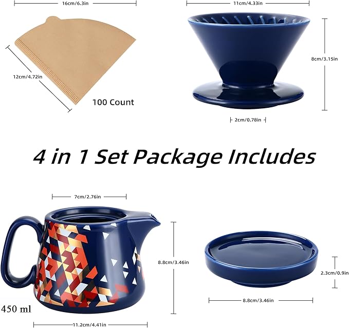 Pour Over Coffee Maker Ceramic Coffee dripper with 100 pcs Paper Filter Ceramic coffee Server with Lid 15.5oz/450 ml Suitable for 1-2 people (Blue)