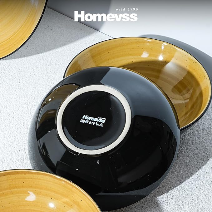 Sonoma 16 Piece Stoneware Dinner Set Outside Black + Inside Handpainted Color Yellow with speckle