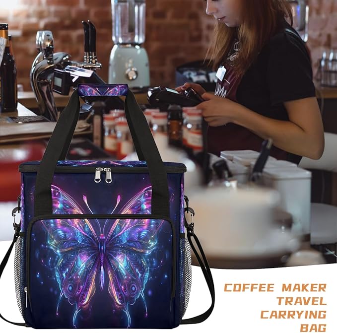 Glowing Butterfly Coffee Maker Carring Bag Travel Carrying Storage Tote Bag Compatible with Keurig K-Mini or K-Mini Plus Portable Single Serve Coffee Brewer Case with Pockets for K-cup Pods