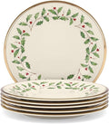 Lenox Holiday 6-Piece Salad Plates Dinnerware Set Service For 6 Porcelain Dishwasher Safe Round Plates Set Ivory Red &amp Green Perfect for Gatherings Hosting Christmas Dinnerware (Ivory 6 Pi