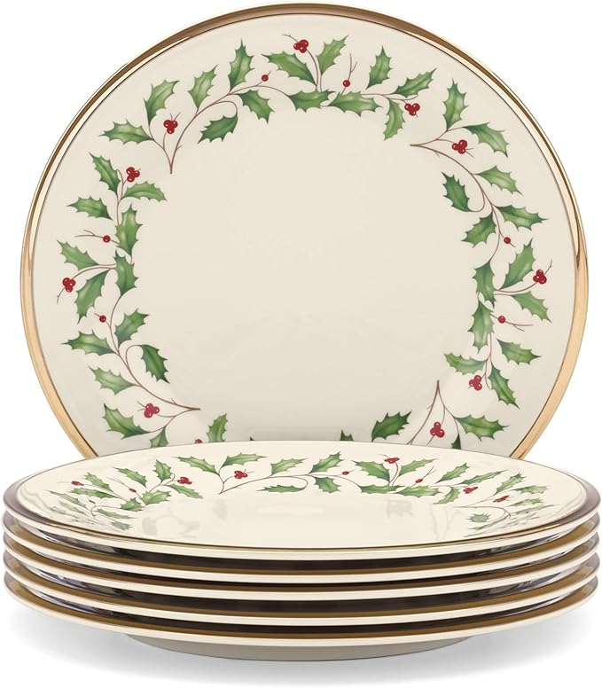 Lenox Holiday 6-Piece Salad Plates Dinnerware Set Service For 6 Porcelain Dishwasher Safe Round Plates Set Ivory Red &amp Green Perfect for Gatherings Hosting Christmas Dinnerware (Ivory 6 Pi