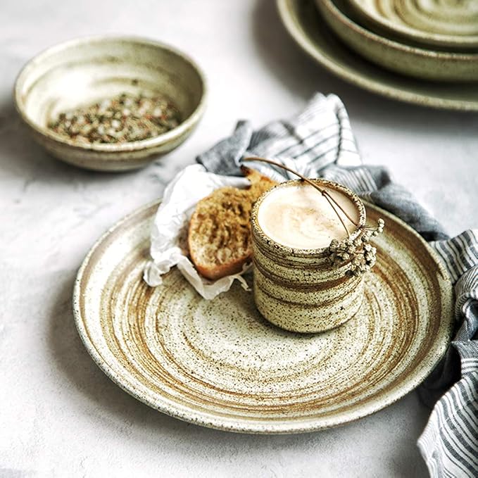 Ceramics Dinnerware Set Retro 26 Pieces Plate and Bowls SetsStoneware Matte Porcelain Dinner Set for Special Restaurant and Hotel