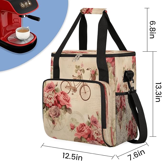 Vintage Flower Bike Coffee Maker Carrying Bag Compatible with K-Mini or K-Mini Plus Portable Single Cup Coffee Maker Case with Pockets for K Cup Pods