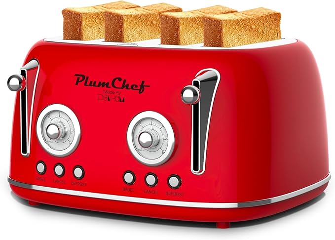 4 Slice Retro Style Toaster Dual Control Toaster with Warming Rack 6 Browning Settings Bagel/Defrost Functions Removable Crumb Tray Stainless Steel Housing 1650W Red
