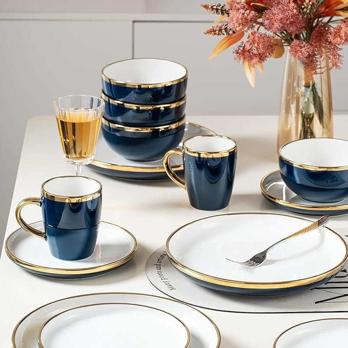 Blue and Gold Ceramic Dinnerware Sets for 4 16-Piece Luxury Plates and Bowls Sets with Gold Rim Modern Dish Set for Wedding Christmas Anniversary Crack Resistant | Dishwasher &amp Freezer Safe (Bl