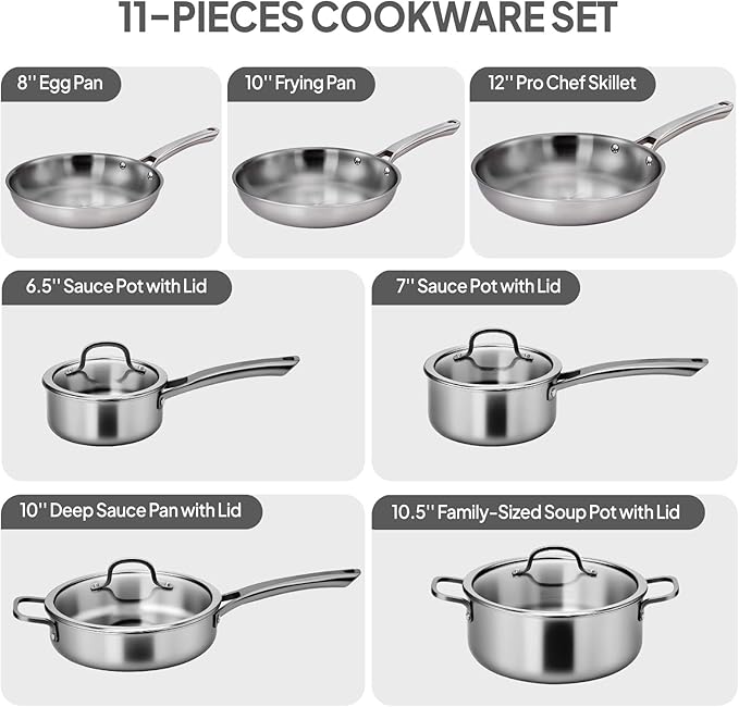Bonnlo 11 Pieces Cookware Set 3-Ply Stainless Steel Pots and Pans Set with Lids Non-Toxic Kitchen Set Oven &amp Dishwasher Safe Induction Cooking Set PFOA &amp PTFE Free Compatible for All Coo