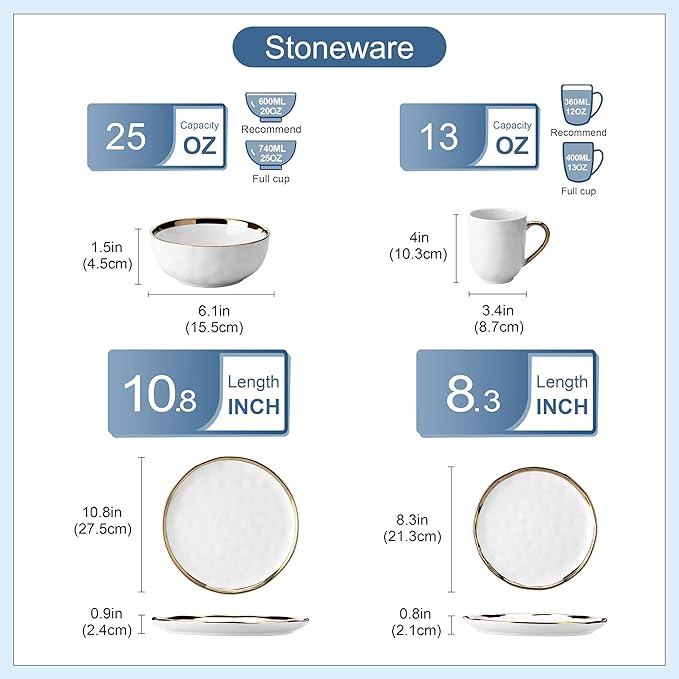 LOVECASA 16 Pieces Plates and Bowls Sets Porcelain White and Gold Dinnerware Sets Round Dinner Plates Dishes Set Service for 4 Dishwasher Safe and Scratch Resistant White
