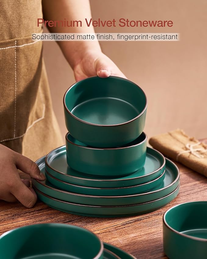 Famiware Nebula Ridge Stoneware Dinnerware Sets Plates and Bowls Sets for 4 12 Pieces Dishes Set Microwave and Dishwasher Safe Kitchen Plates Dark Green