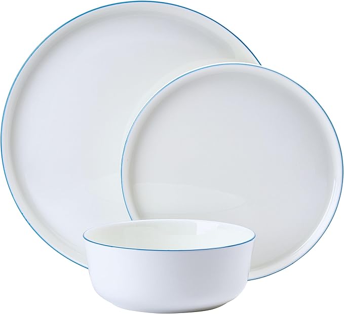 Mikasa Samantha 12 Piece Bone China Dinnerware Set Service for 4 Flat Plates and Bowl with Blue Rim Chip-Resistant Lightweight Elegant and Durable White