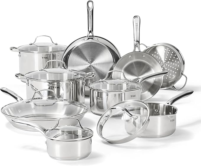 T-fal Gourmet 15-Piece Stainless Steel Cookware Set Pots and Pans Cooking Set Dishwasher Safe Oven Safe to 500°F Induction Compatible Stock Pot Sauce Saute Frying Pans Silver