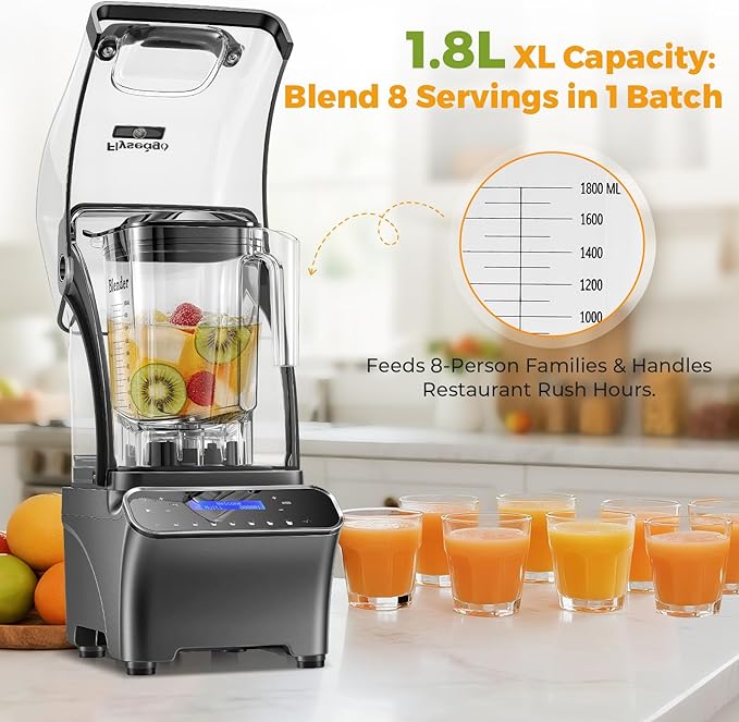 2200W Professional Quiet Blender with LCD Display 1.8L Ice Crushing Jug Commercial-Grade Motor 6-Speed Touch Control &amp Overload Protection for Smoothies Ice Frozen Drinks Silver